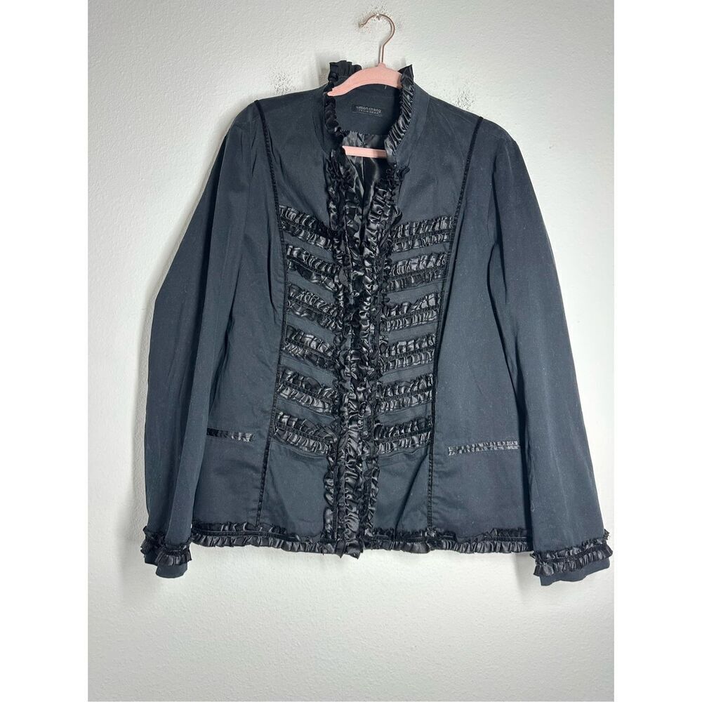 Simon Chang Denim Wear Women’s Bohemian Black Jacket Ruffle Satin Trim Sz20 Note